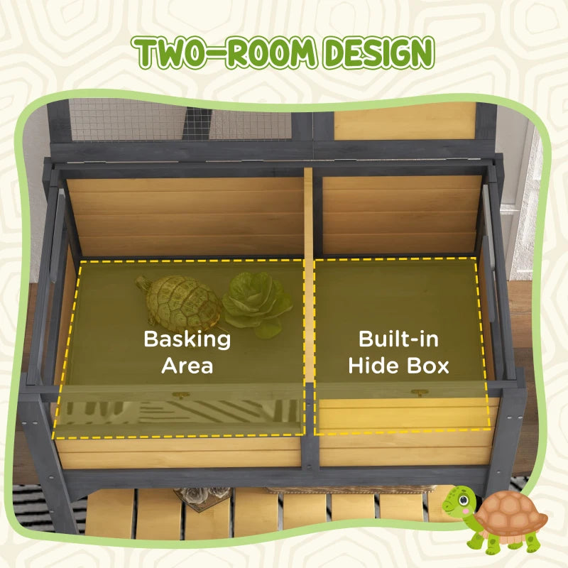 Raised Wooden Tortoise House, with Shelter, Run, Shelf and Lamp Holder - Wooden Style (lamp not included)