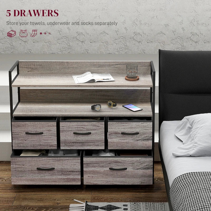 Rustic Chest of Drawers with Black Frame and Grey Fabric Drawers with Wood Effect