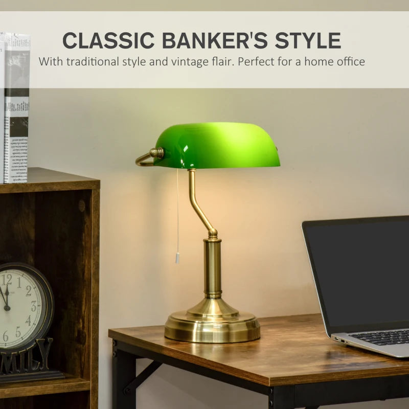 Traditional Banker's Tabletop Desk Lamp with Green Glass Shade & Antique Bronze Base