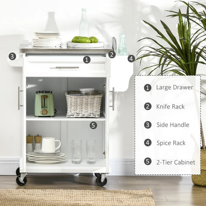 Mobile Kitchen Island / Serving Cart on Wheels with Stainless Steel Worktop - White