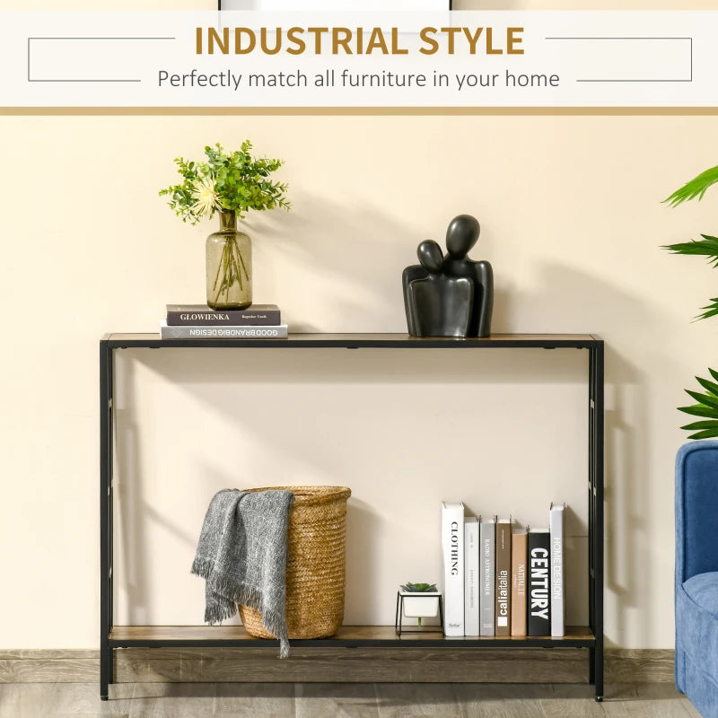 Industrial Style Slim Side Console Table with Metal Frame - Black / Brown Wood Effect