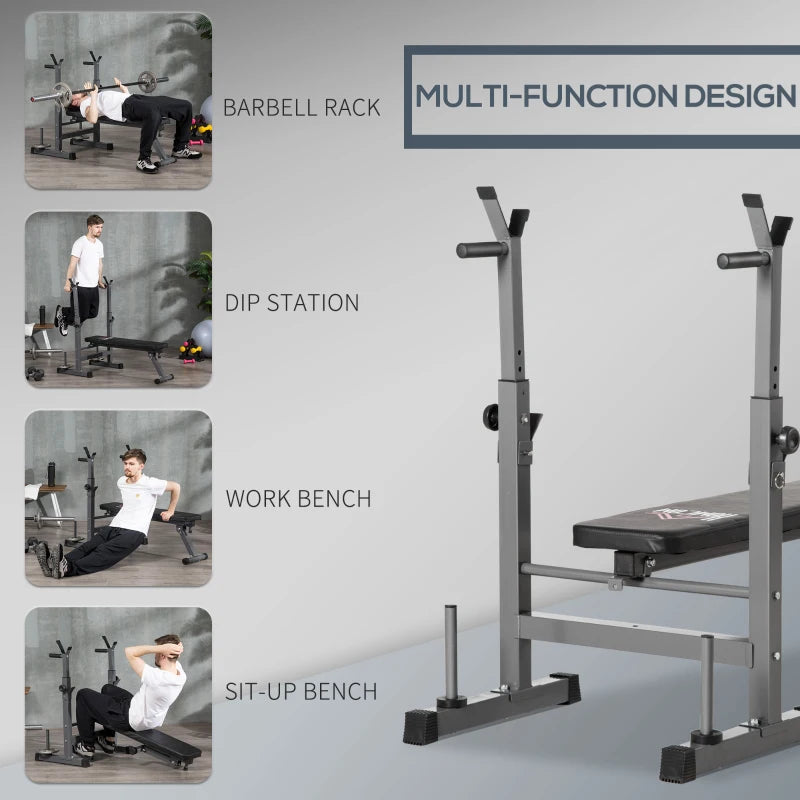 Foldable Slimline Adjustable Exercise Bench with Barbell Rack and Dip Station (Barbell & Weights not Included)