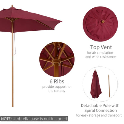 2.5m - Wooden Garden Parasol Outdoor Canopy Sun Shade for Patio - Wine Red