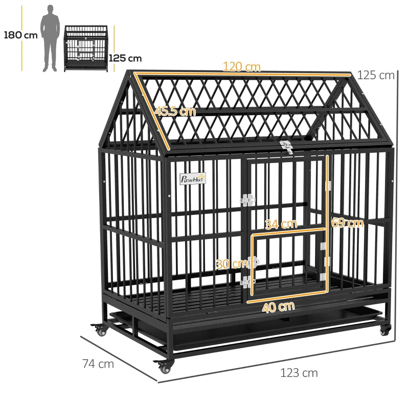 48" Heavy Duty Black Steel Dog Crate on Wheels with Pull Out Removable Tray and Openable Roof