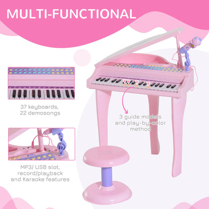 Mini Electronic Piano with Stool and Microphone Stand - Pink