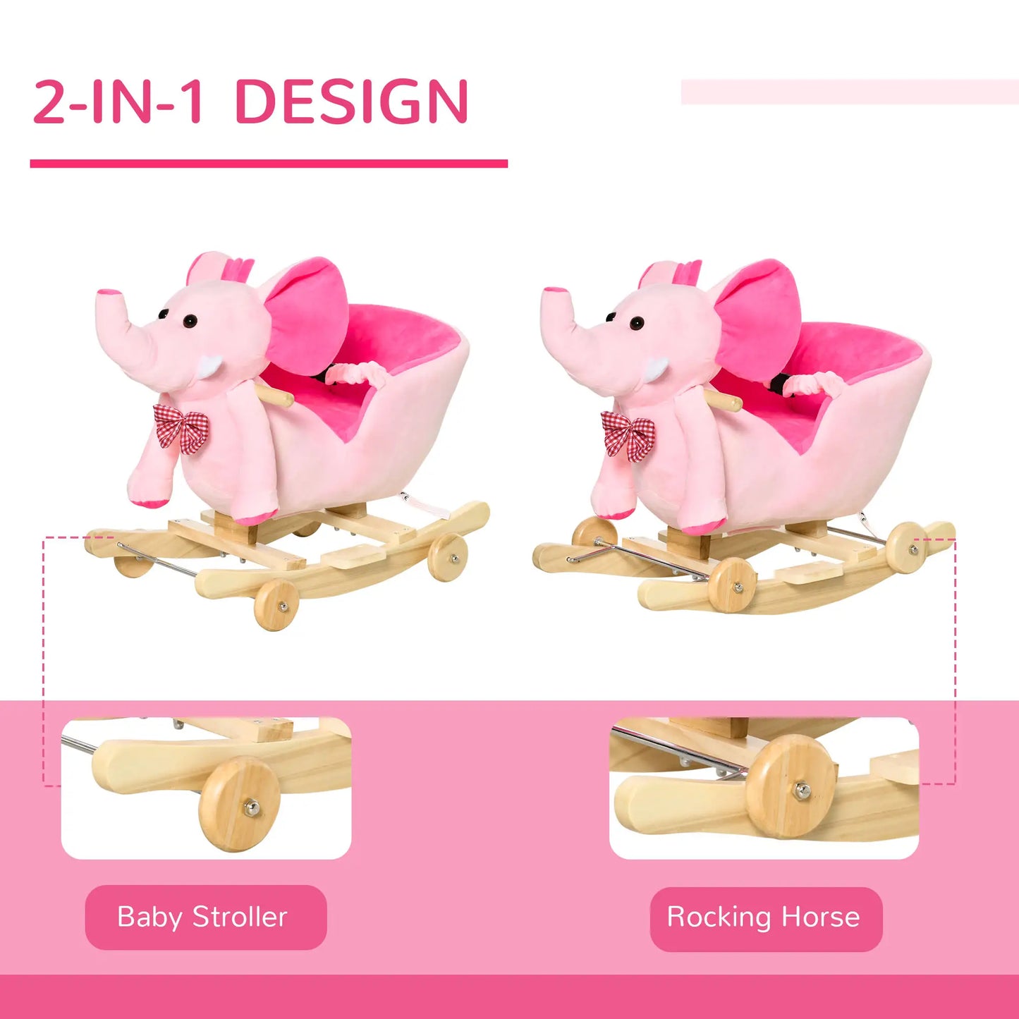 2in1 Pink Elephant Style Ride on Rocking Horse or Stroller - Pink