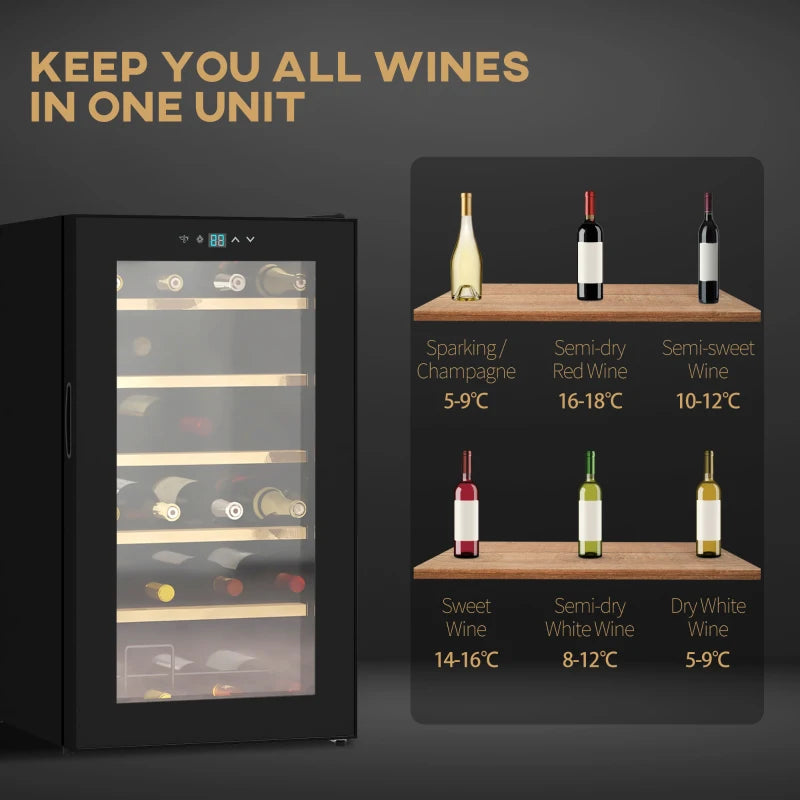 24 Bottle - Wine Cooler with Glass Door, 65 Litres Single Zone Fridge with Digital Touch Screen Controls and LED Light