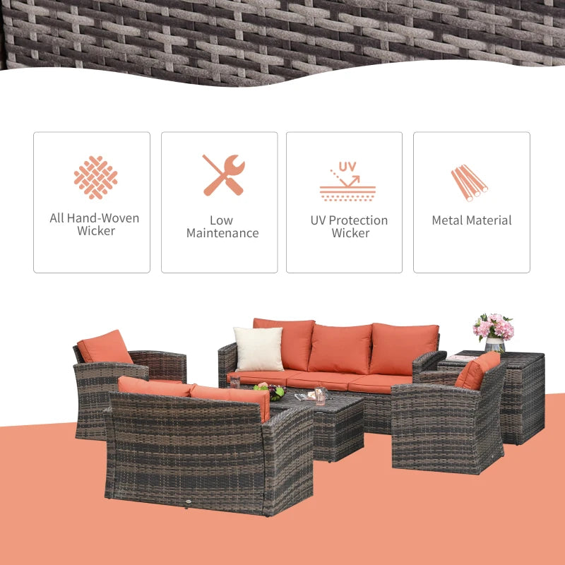 Outdoor Rattan Wicker Garden Furniture Set with Storage Table and Cushions - 6 Pieces - Orange