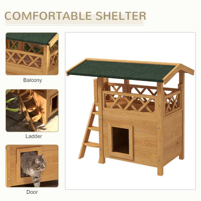 Cat House with Roofed Balcony Area & Stairs and Under House - Natural Wood