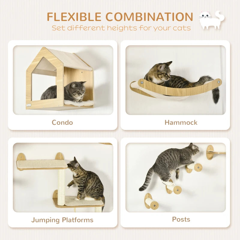 8-Piece Cat Shelves Set with 3 Scratching Posts, 3 Perches, Hammock and Cat House