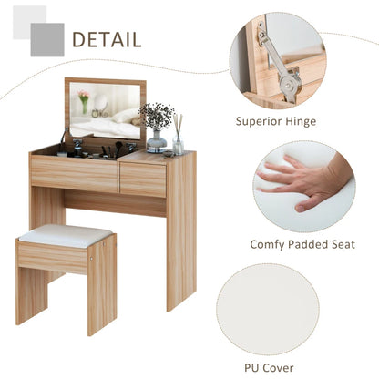 Makeup Dressing Table with Built In Flip up Vanity Mirror & Cube Seat - Natural Wood