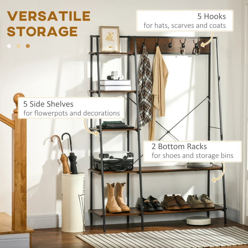 Large Entrance Coat Rack with 2-Tier Shoe Rack, 5 Hooks and 5 Side Shelves