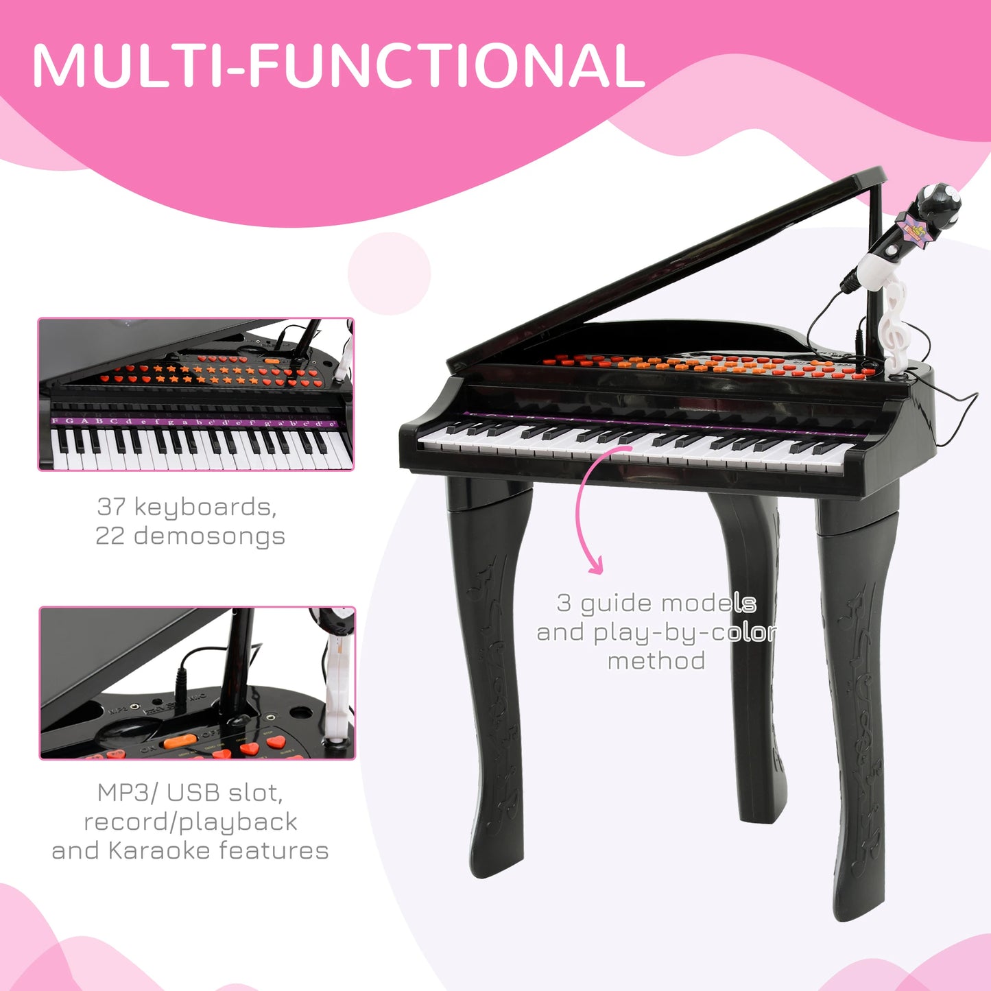 Mini Electronic Piano with Stool and Microphone Stand - Black