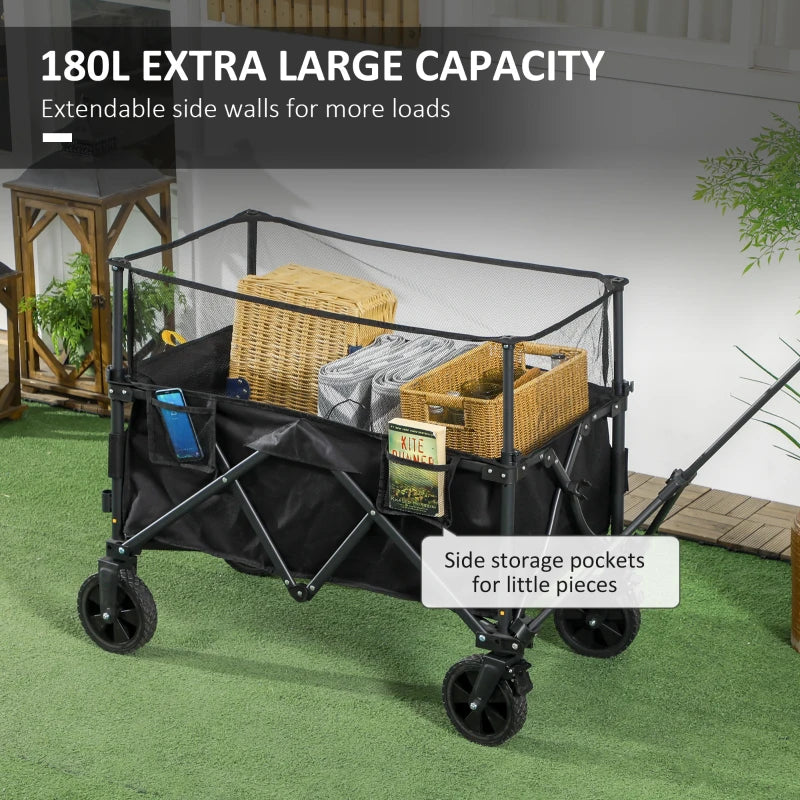 180 Litre - Folding Garden Trolley with Extendable Mesh Side Wall Surrounding - Black