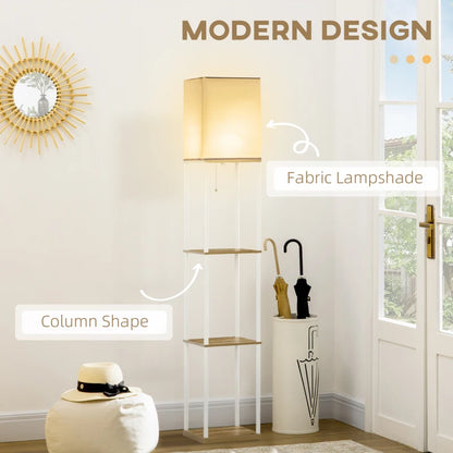 3-Tier Storage Floor Lamp Tall with Fabric Lampshade and Pull Chain Switch