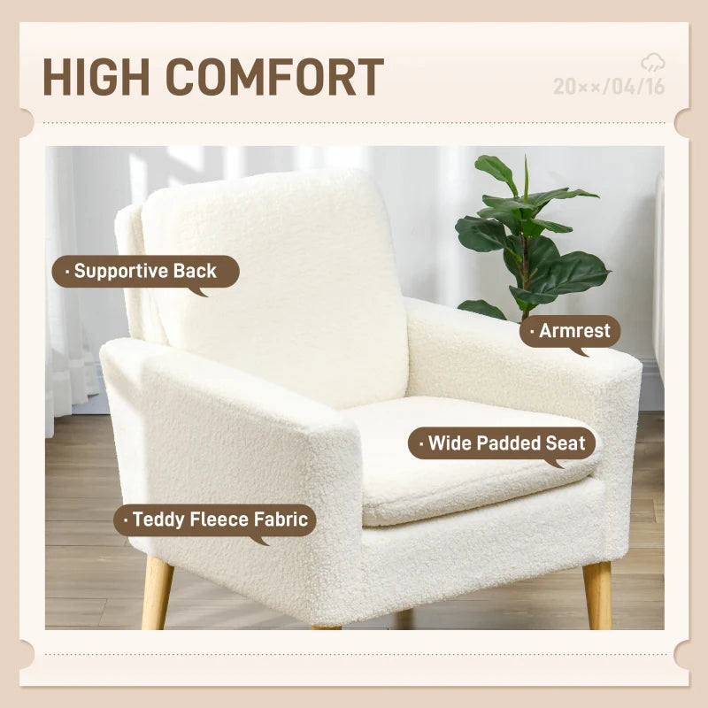 Modern Cushioned Teddy Lining Armchair with Wide Padded Seat and Wooden Feet