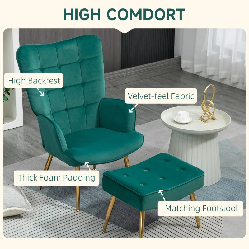 Velvet Wingback Modern Armchair with Footstool Chair with Steel Legs - Emerald