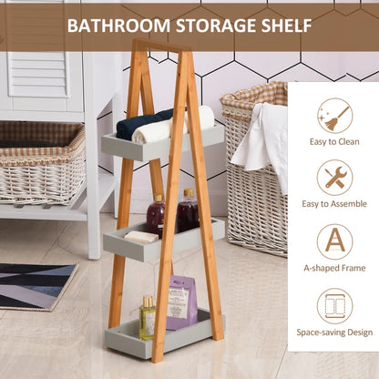 3-Tier Stand - Slim Shelving Unit - 'A' Frame Space Saver Toilet Rack - Natural / Grey