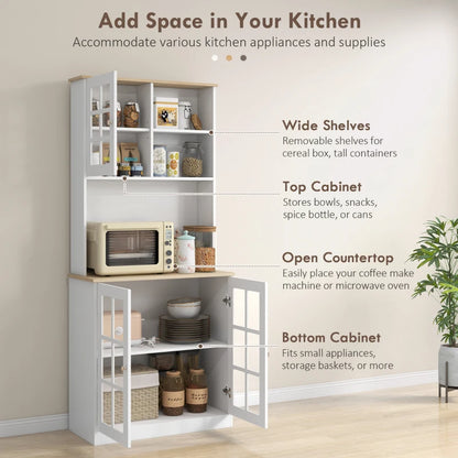 Freestanding Kitchen Cupboard / Pantry with 3 Clear Cupboards, 2 Open Style Shelves and Countertop