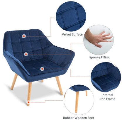 Wide Slanted Back Armchair with Padded Cushion, Iron Frame & Wooden Legs - Navy