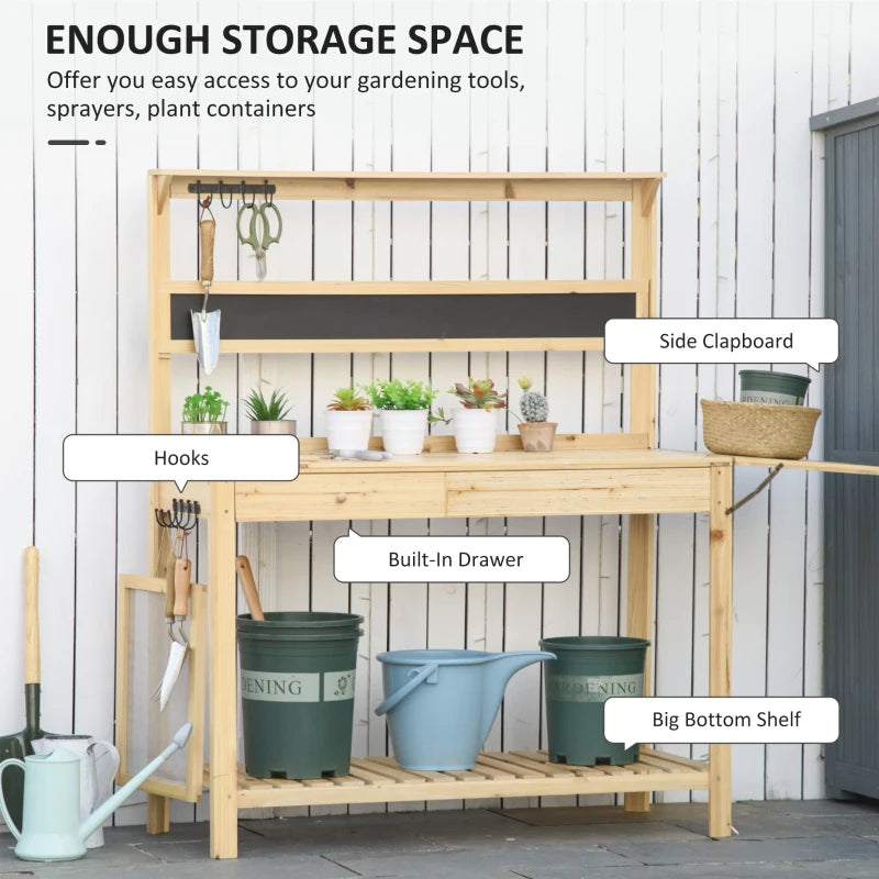 Wooden Potting Bench with Side Table, Chalkboard, Multi-Storage, Metal Sieve Screen and Hidden Sink