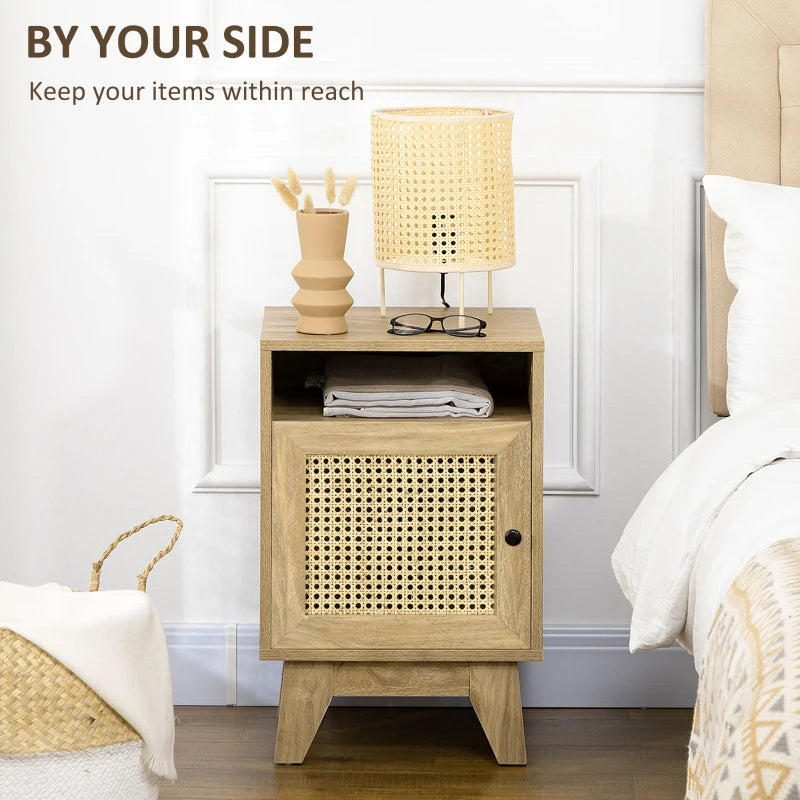 Side Table with Rattan Element, Shelf and Cupboard