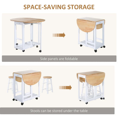 3Pc Wooden Extendable Breakfast Nook Table / Cart with 2 Dining Stools and 2 Drawers