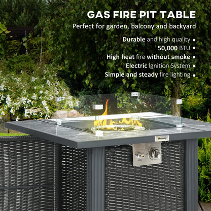 50,000 BTU - Rattan Style Fire Pit Table with Black Marble Tabletop Style Surround and Glass Windscreen