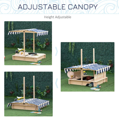 Kids Square Wooden Sandpit with 2 Benches and Adjustable Canopy - Navy