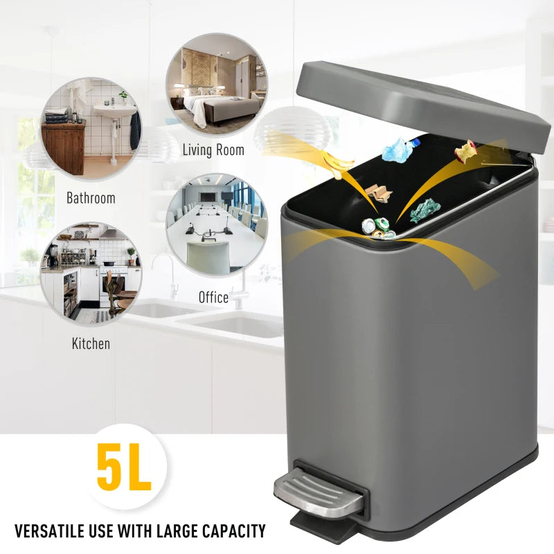 5L - Compact Steel Body - Step Bin with Removable Bucket and Quiet Close Lid