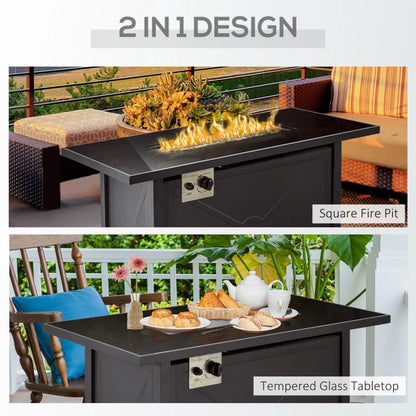 50,000 BTU - Rectangular Gas Fire Pit Table with Glass Tabletop and Rain Cover