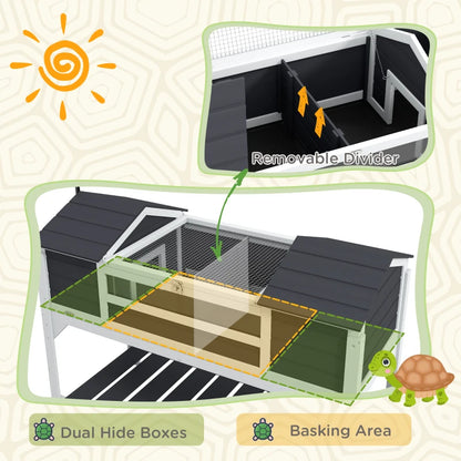 Raised Wooden Tortoise Enclosure with Adjustable Lamp Holder, Dual Main Houses and Openable Lid