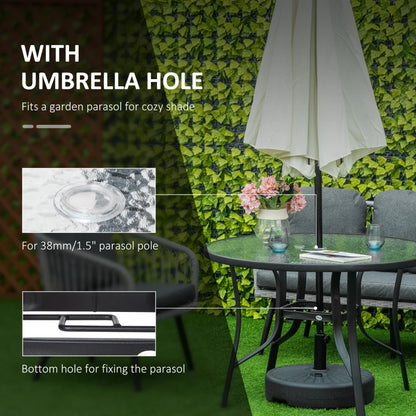 Round Garden Table with Tempered Glass Tabletop and Parasol Hole (Parasol not Included)