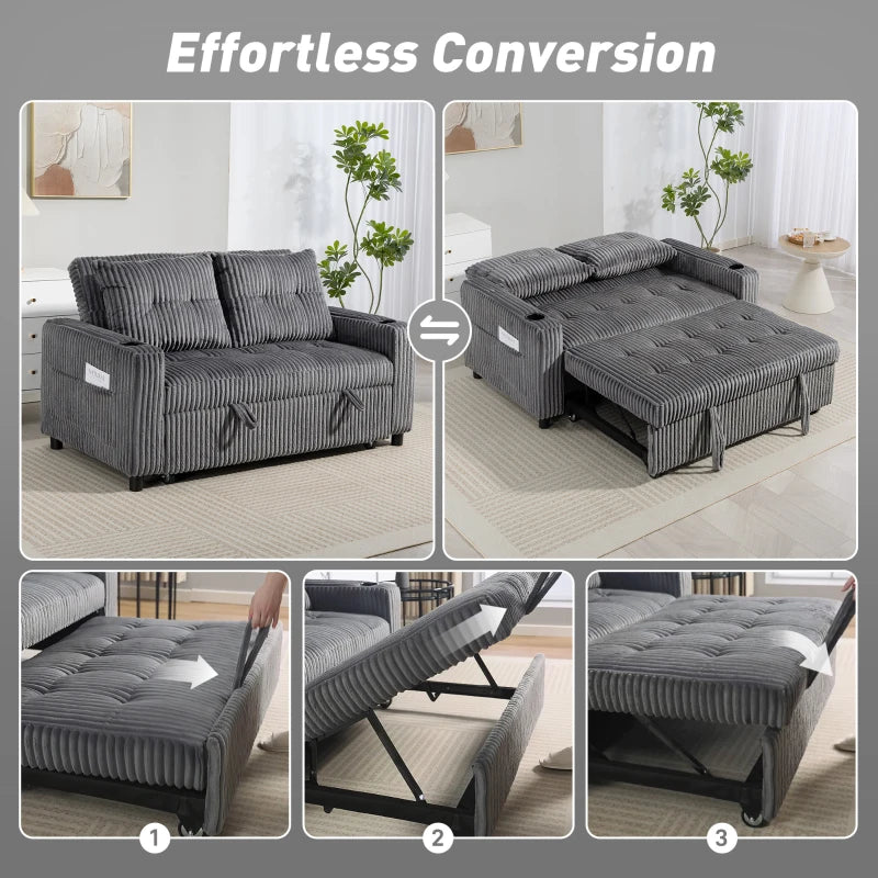 2 Seater Corduroy Sofa bed with Pull-out Design, Cupholders and Side Storage Sleeves - Charcoal Grey