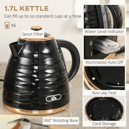 Kettle (1.7L) and Toaster Set with 7 Browning Controls and Crumb Tray (4 Slice) - Black / Gold