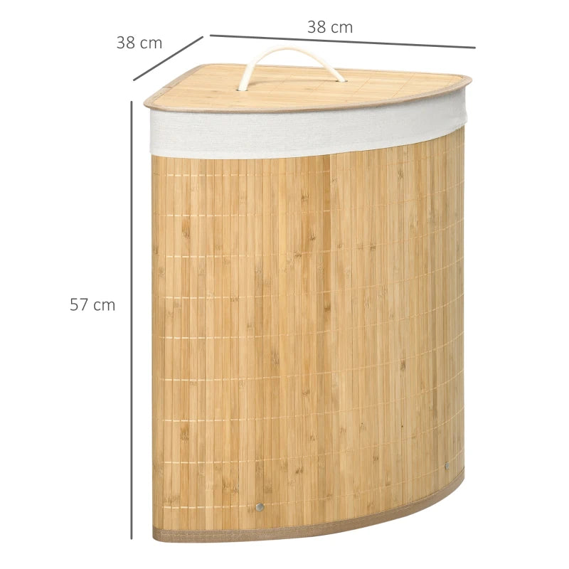 55L - Triangular Corner Bamboo Laundry Basket with Lid and Removable Washing Lining - Natural