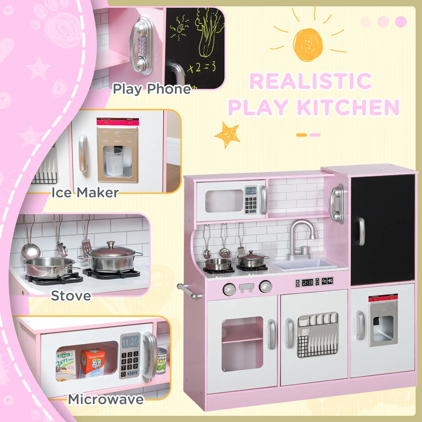 Kitchen Playset with Chalkboard, Storage Cupboards and Accessories - Pink