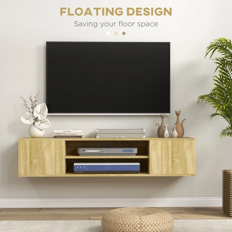 Wood Style - Floating Media Center / TV Stand with Open Shelving and Storage Cupboards