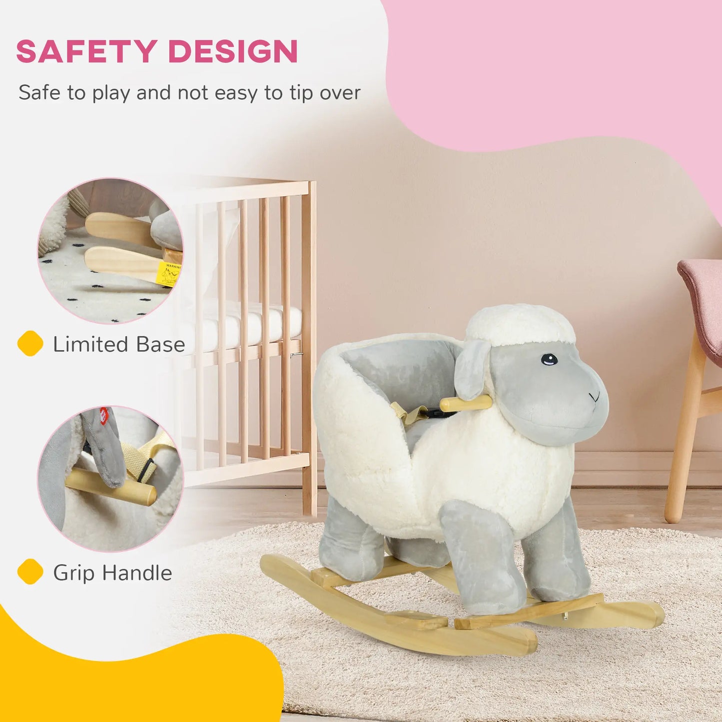 Ride on Lamb - Rocking Horse with Safety Belt and Wooden Base