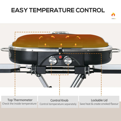 Foldable Gas BBQ Trolley with Side Shelves, Lid, Storage Pocket and Thermometer