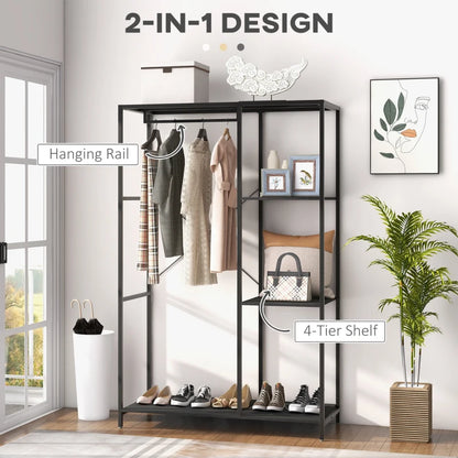 Large Steel Frame Hanger Coat Rack with 3-Tier Shoe and Display Shelving