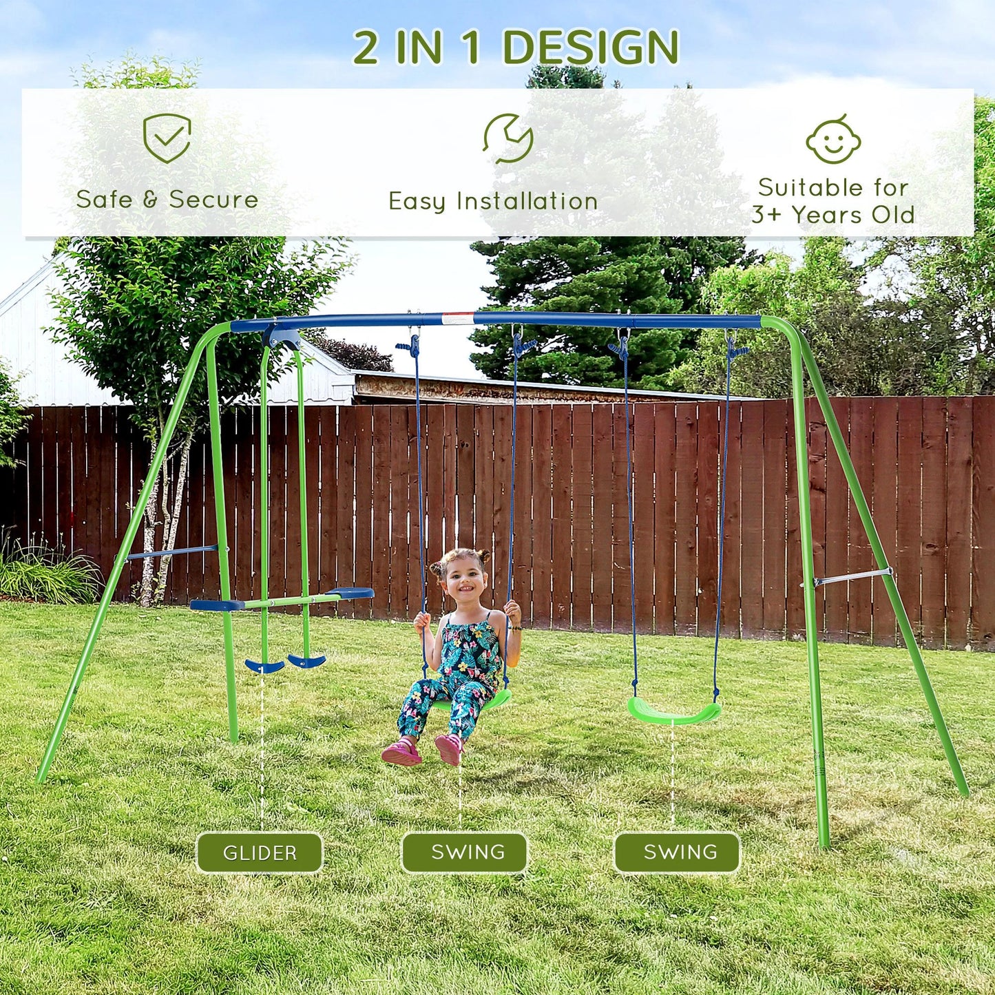 Kids Swing Set 2 Singles and 1 Double Swing Bench