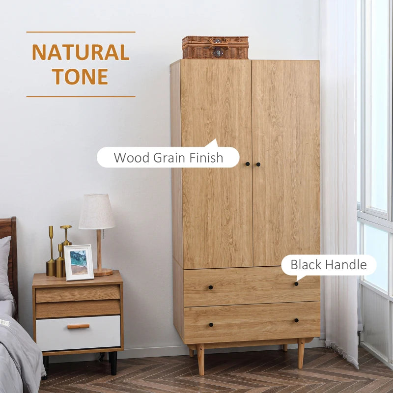 Wooden Freestanding Wardrobe with 2 Drawer Storage and Wooden Pole Feet