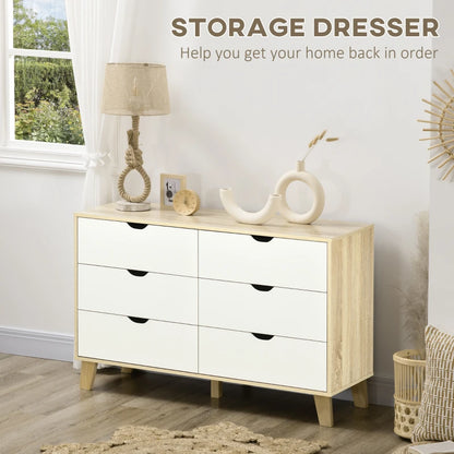 Wide Two-Tone White and Natural Wood Chest of Drawers with 6-Drawers and Open Style Handles