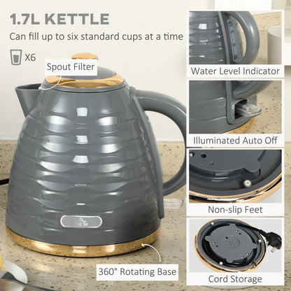 Kettle (1.7L) and Toaster Set with 7 Browning Controls and Crumb Tray (4 Slice) - Grey / Gold