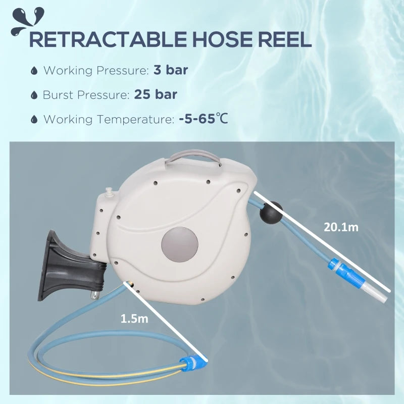 20m - Retractable & Auto Rewind - Garden Hose with Any Length Lock, Slow Return System and 180° Swivel Wall Mounted Bracket