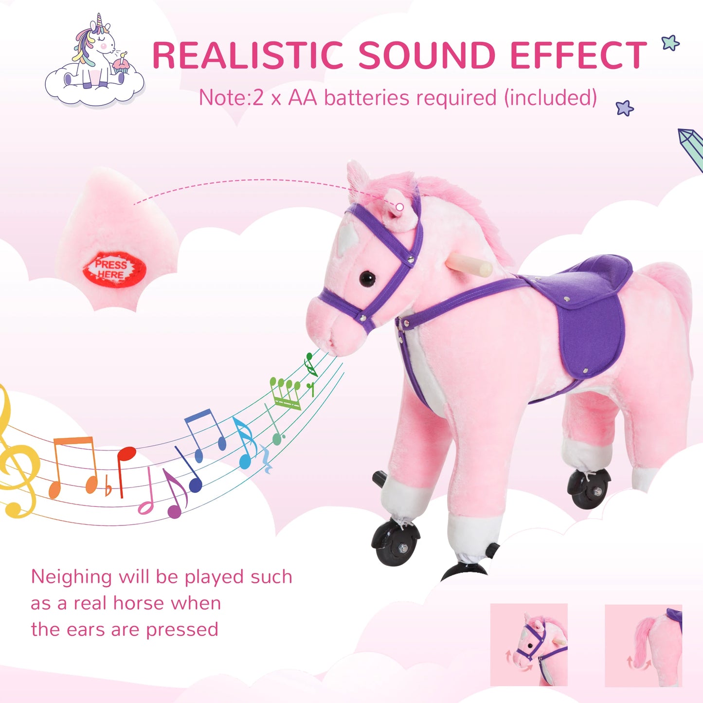 Small Ride on Horse with Wheels or Manual Movement and Sound Effects - Pink