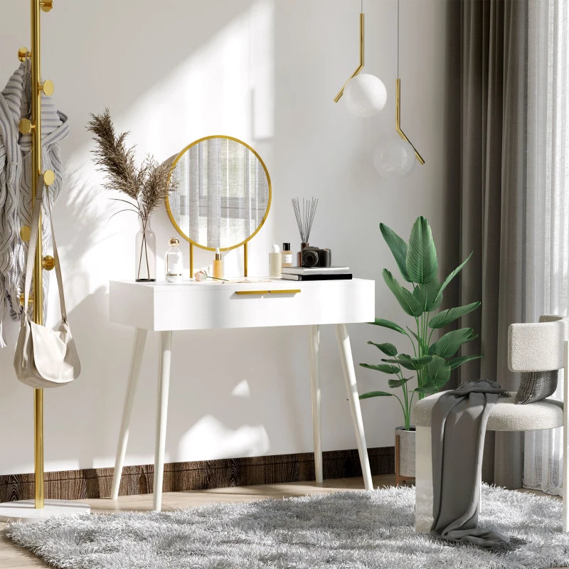 Modern Dressing Table with Gold Tone Circular Mirror and 2-Drawer Storage