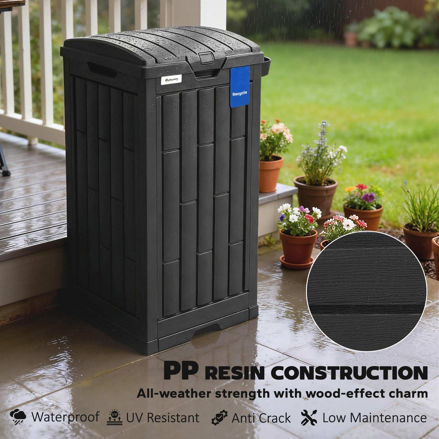 110 L Outdoor Bin with Dual Lid, Waterproof Plastic Trash Bin with Ashtray and Drip Tray, Garden Waste Trash Bin, Black