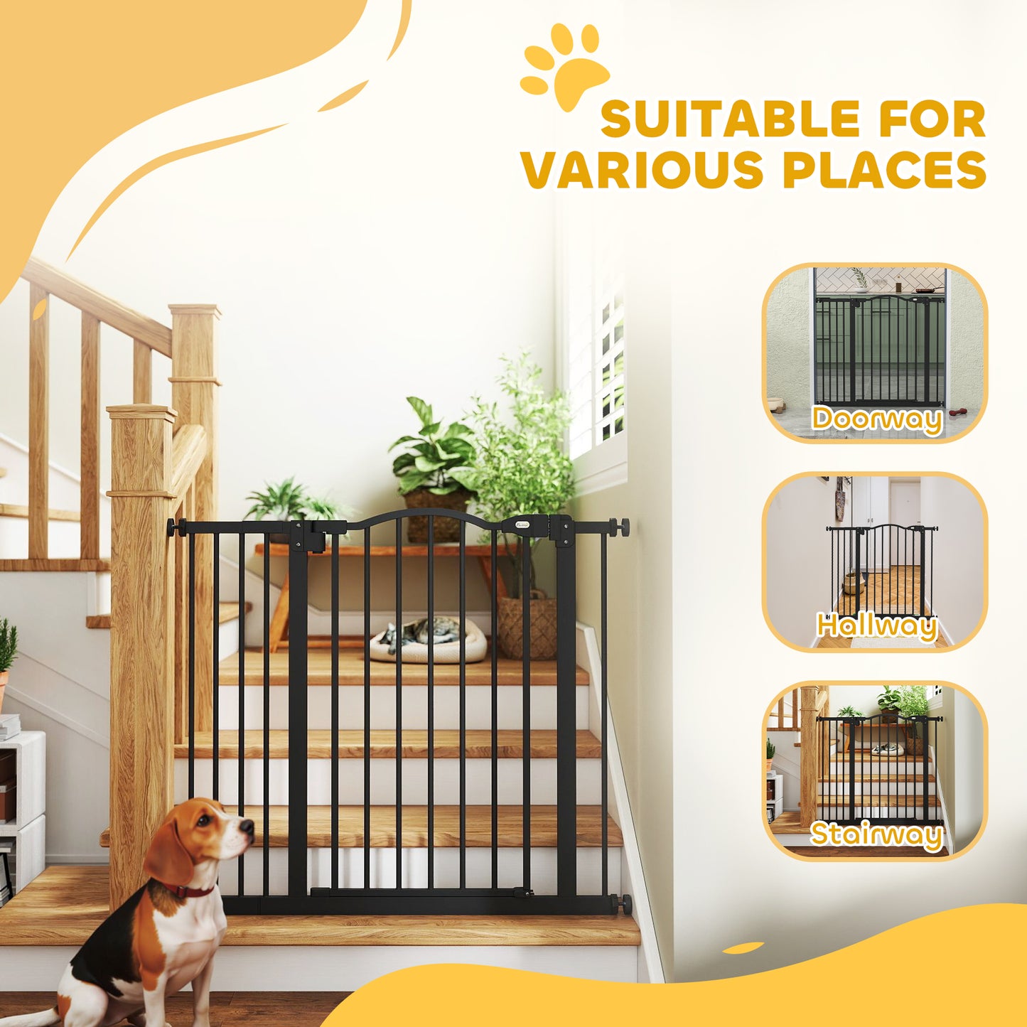 Metal 74-94cm Adjustable Pet Gate Safety Barrier w/ Auto-Close Door Black